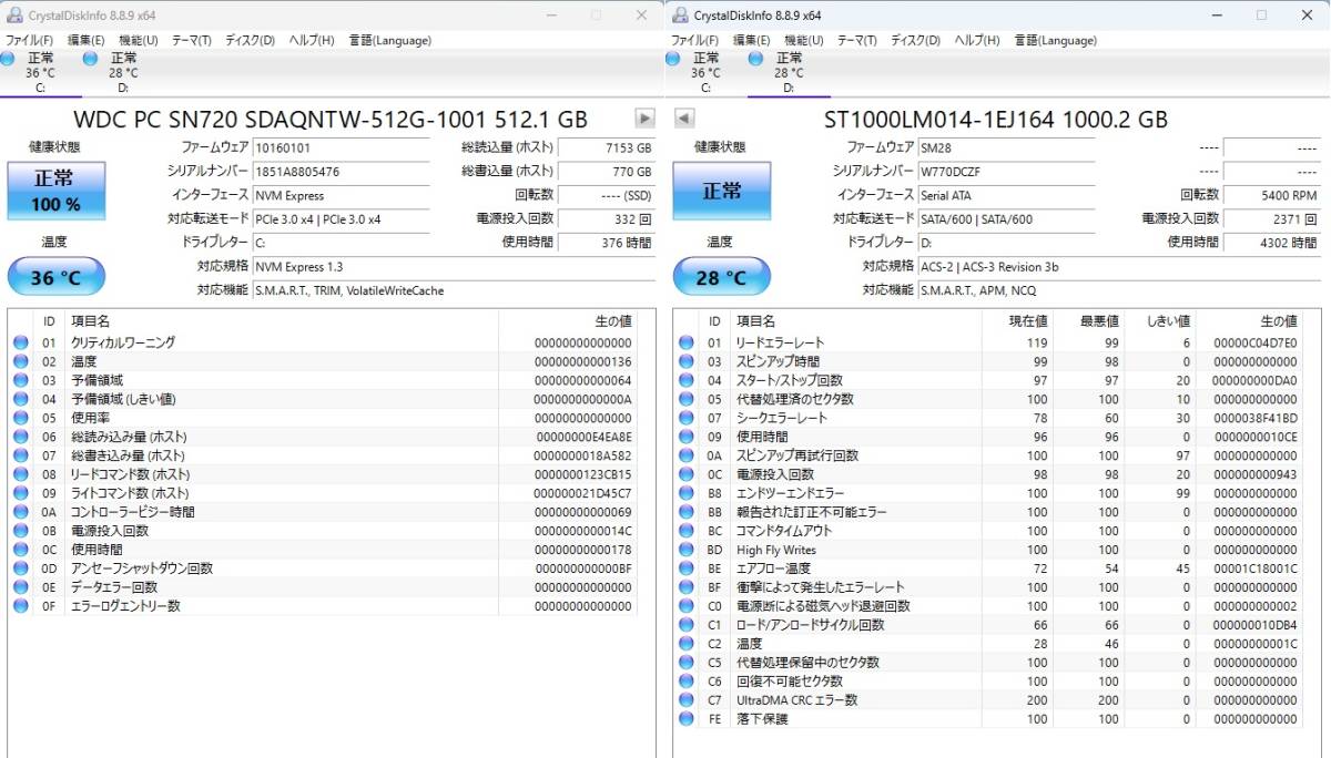 【P-3】HP EliteOne 800 G3 All-in-One/ i5-7500 /16GB /SSD 512GB /HDD 1TB /23.8型FHD液晶_SSD 512GB 376時間　HDD 1TB 4302時間