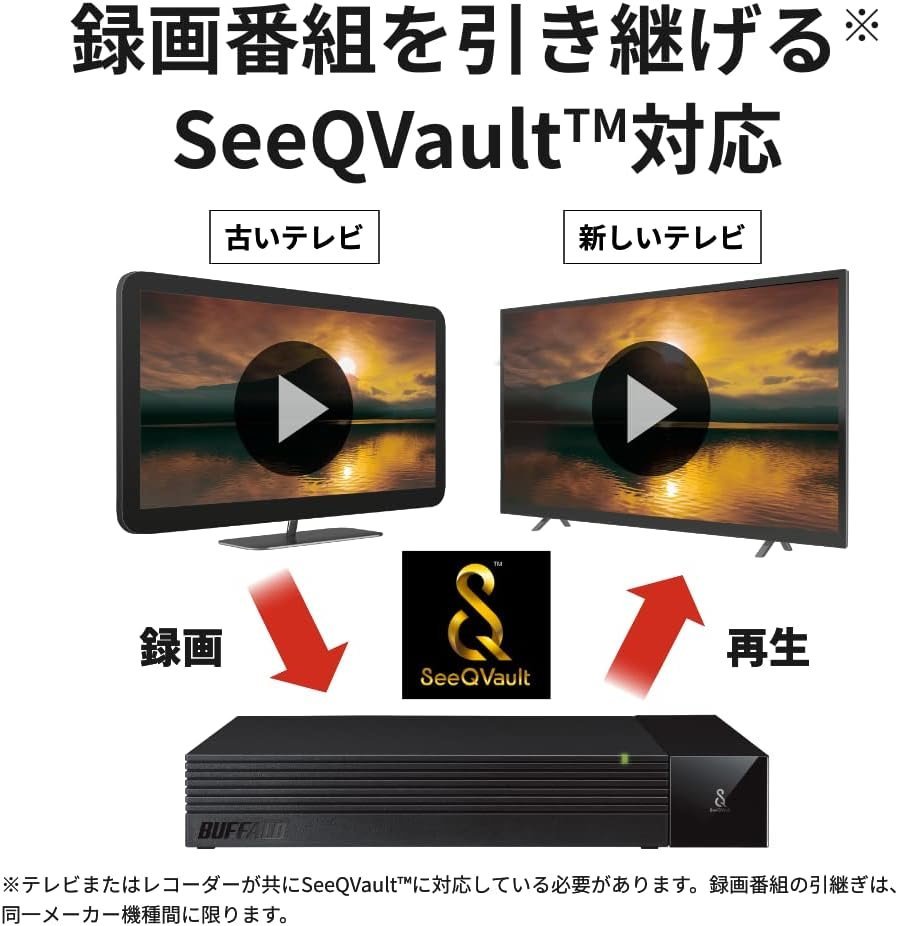 バッファロー TV用外付けハードディスク 8TB HDD SeeQVault/テレビ録画/4K対応 ファンレス静音 故障予測 みまもり合図 HD-SQS8U3-A 保証有_画像4