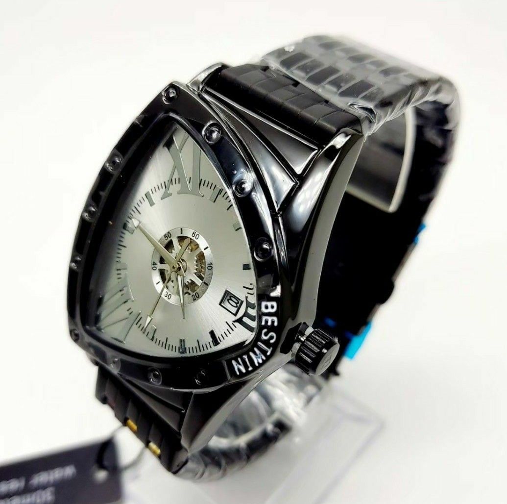 T283 新品 送料無料 3D フルスケルトン 彫 自動巻き 機械式 メンズ 腕時計 黒シルバー