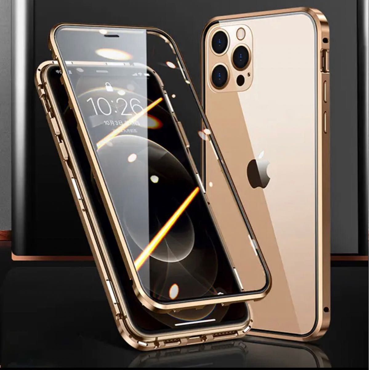★セール★iPhone15 Proケース 磁石強化ガラス 前面保護カバー ゴールド