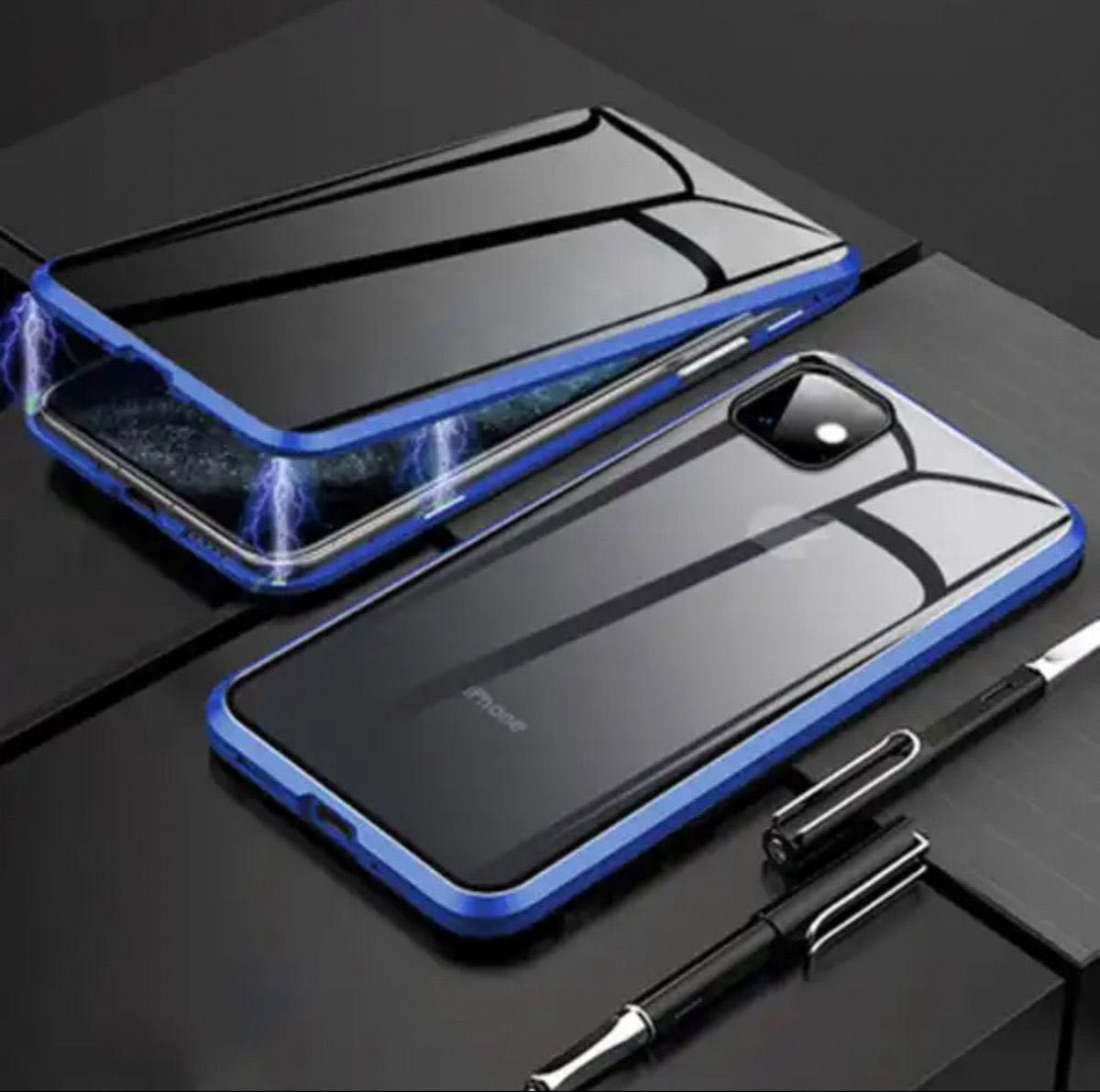 ★セール★iPhone15 Pro ケース 磁石強化ガラス 前面保護カバー ブルー