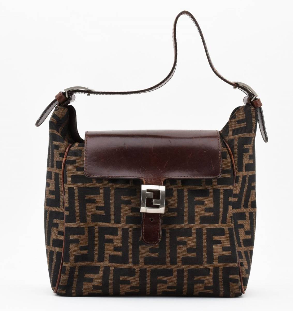 1円 FENDI　ヴィンテージ　フェンディ　ズッカ　キャンバス　レザー　ハンドバッグ　トップハンドル　ロゴ金具　23-7399_画像1