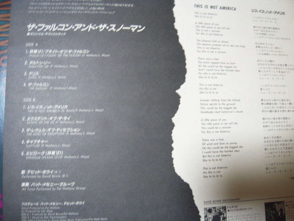 【帯付LP】「D.ボウイ、パット・メセニー／ザ・ファルコン・アンド～O.S.T」_画像2