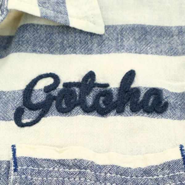 GOTCHA ガッチャ 春夏 半袖 ロゴ刺繍★ 麻 リネン ボーダー シャツ Sz.M　メンズ 白 × ネイビー サーフ　A2T09205_8#A_画像4