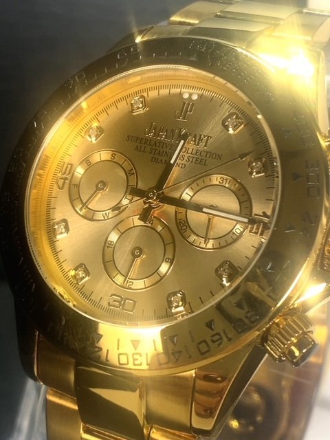 8石天然ダイヤモンド付き 新品 JAPAN KRAFT ジャパンクラフト 腕時計 正規品 クロノグラフ 自動巻き オートマティック 防水 ゴールド 金_画像3