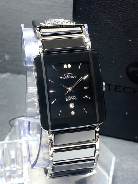 新品 TECHNOS テクノス 腕時計 正規品 アナログ腕時計 クオーツ セラミック トノー型 3気圧防水 カレンダー ブラック ビジネス プレゼント_画像3