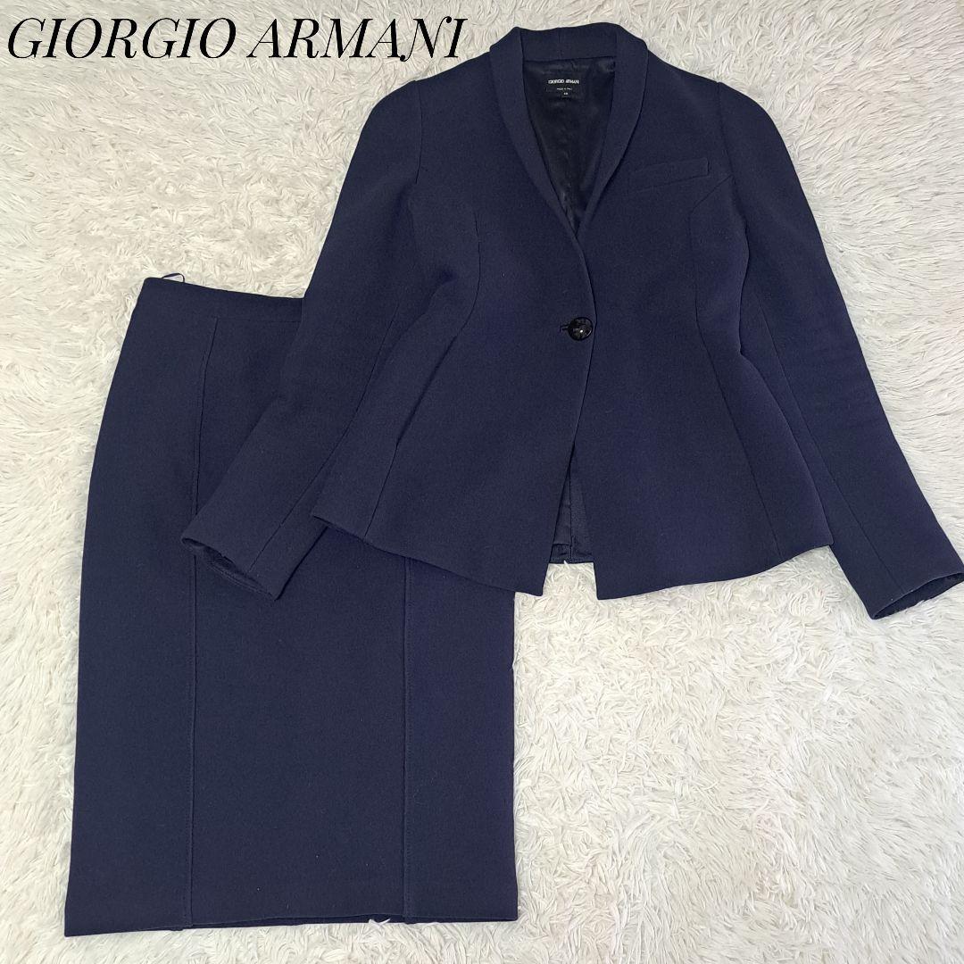 ジョルジオ・アルマーニ GIORGIO ARMANI 美品シルク混 スカートスーツセットアップ 濃紺 40 ビジネス オフィス シングル イタリア製