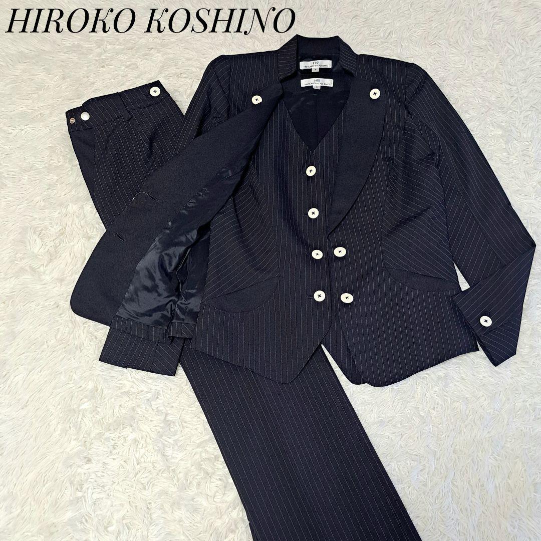 経典ブランド ストライプ 美品スリーピーススーツセットアップ ヒロココシノ KOSHINO HIROKO 紺 2ボタン シングル ビジネス フォーマル 3ピース パンツスーツ一般