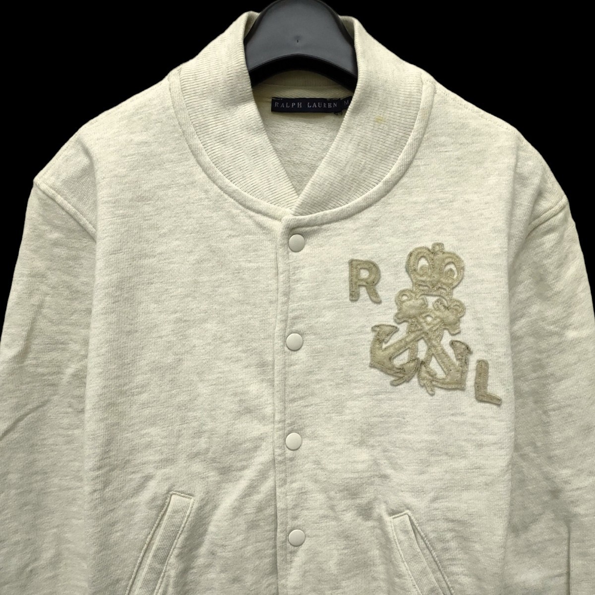 RALPH LAUREN / ラルフローレン レディース スウェットスタジャン ブルゾン ジャケット Mサイズ アイボリー I-3257_画像2