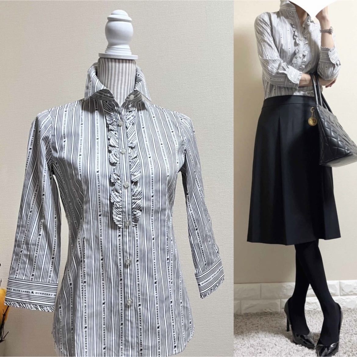 希少 極美品 バーバリーブルーレーベル 総ロゴ フリル ブラウス 希少 極美品 バーバリーブルーレーベル 総ロゴ フリル ブラウス