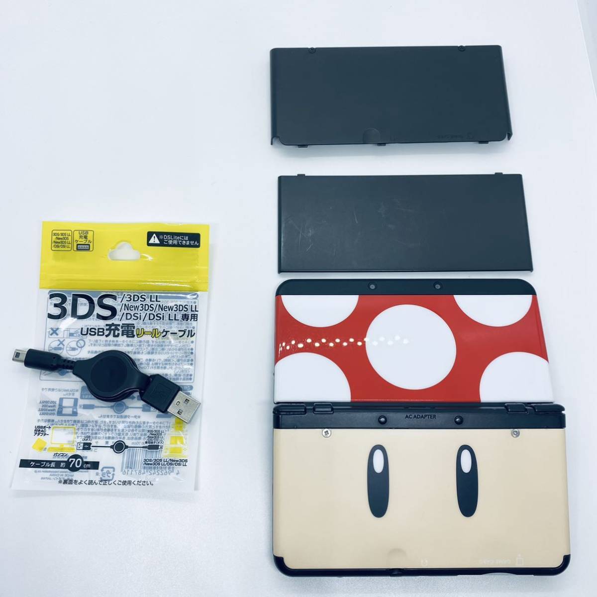 【動作品】Newニンテンドー3DS ブラック 任天堂 ニュー3DS new3DS KTR-001 USB充電ケーブル　キノコきせかえプレート付き_画像10