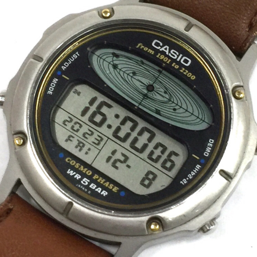 1円 カシオ 腕時計 CGW-90 コスモフェイズ ラウンド デジタル クォーツ メンズ 社外レザーベルト 稼働 CASIO_画像1