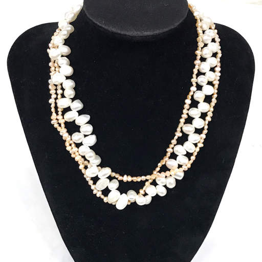 パール 真珠 ネックレス シルバーカラー金具 全長約37.5cm 総重量約58g ホワイト×オレンジ アクセサリー