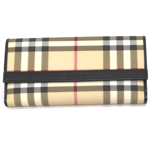 1円 バーバリー ロンドン 二つ折り 長財布 ノバチェック ボタン開閉 PVC レザー ベージュ 保存袋 箱付 BURBERRY_画像1