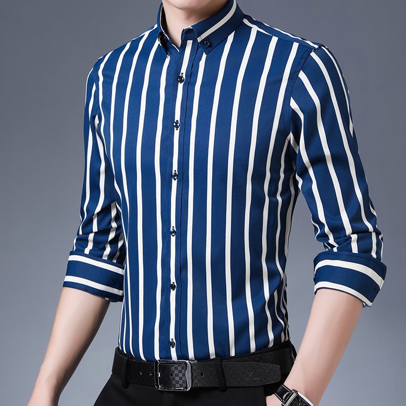 P023-XL新品DCKMANY■縦縞 長袖シャツ メンズ ノーアイロン 形態安定 ストライプ ビジネス ワイシャツ シルクのような質感/ネイビーの画像2
