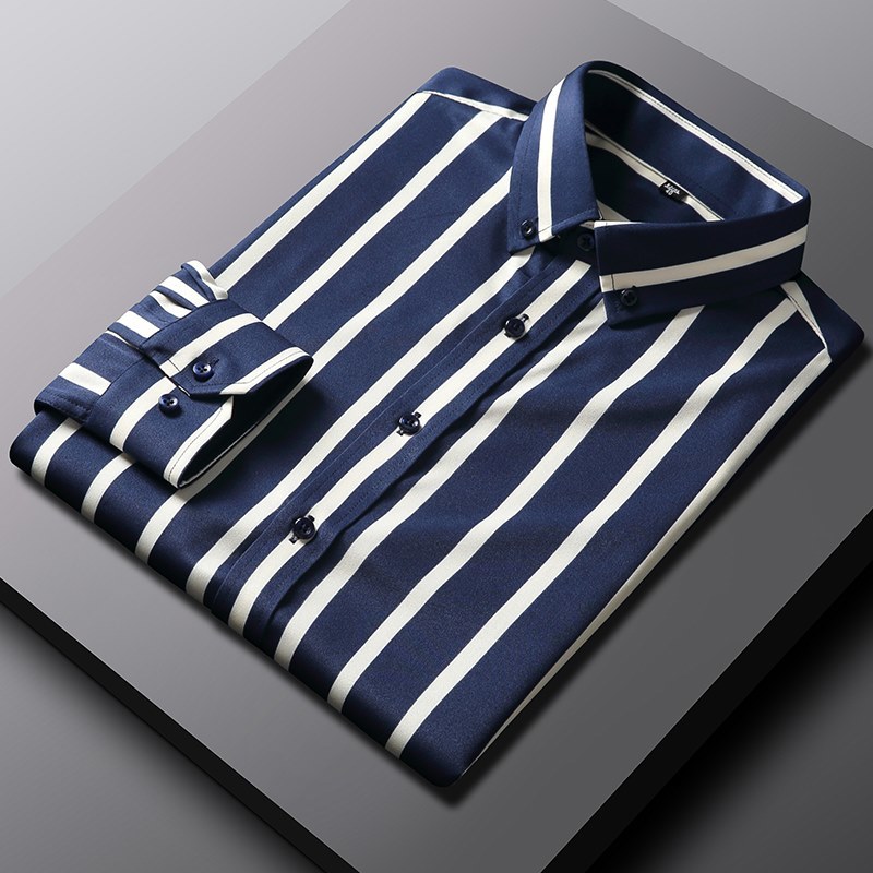 P023-XL新品DCKMANY■縦縞 長袖シャツ メンズ ノーアイロン 形態安定 ストライプ ビジネス ワイシャツ シルクのような質感/ネイビーの画像1