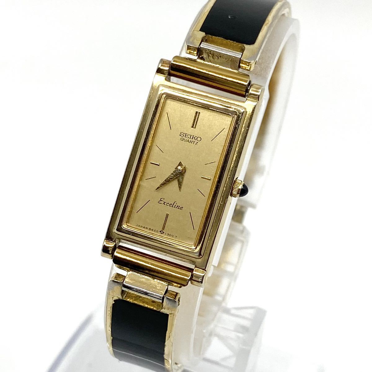 SEIKO Exceline 腕時計 バングルウォッチ レクタンギュラー クォーツ quartz 2針 ゴールド ブラック 金 黒 セイコー エクセリーヌ Y248
