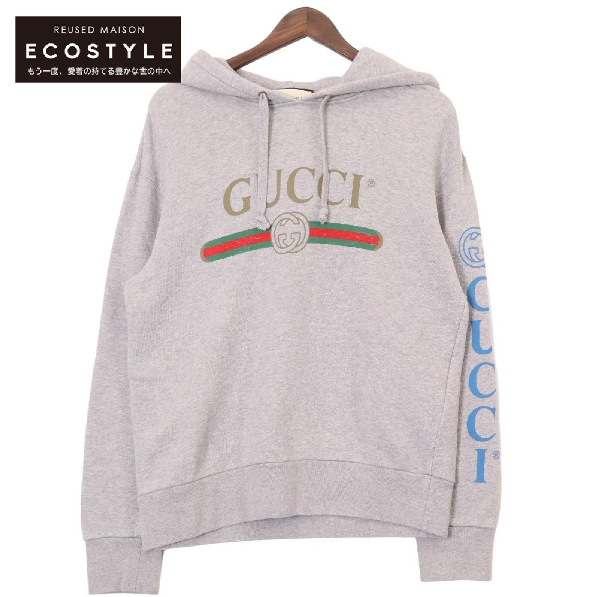 GUCCI グッチ 475374 ヴィンテージロゴ ドラゴン刺繍 パーカー グレー XS トップス コットン メンズ 中古