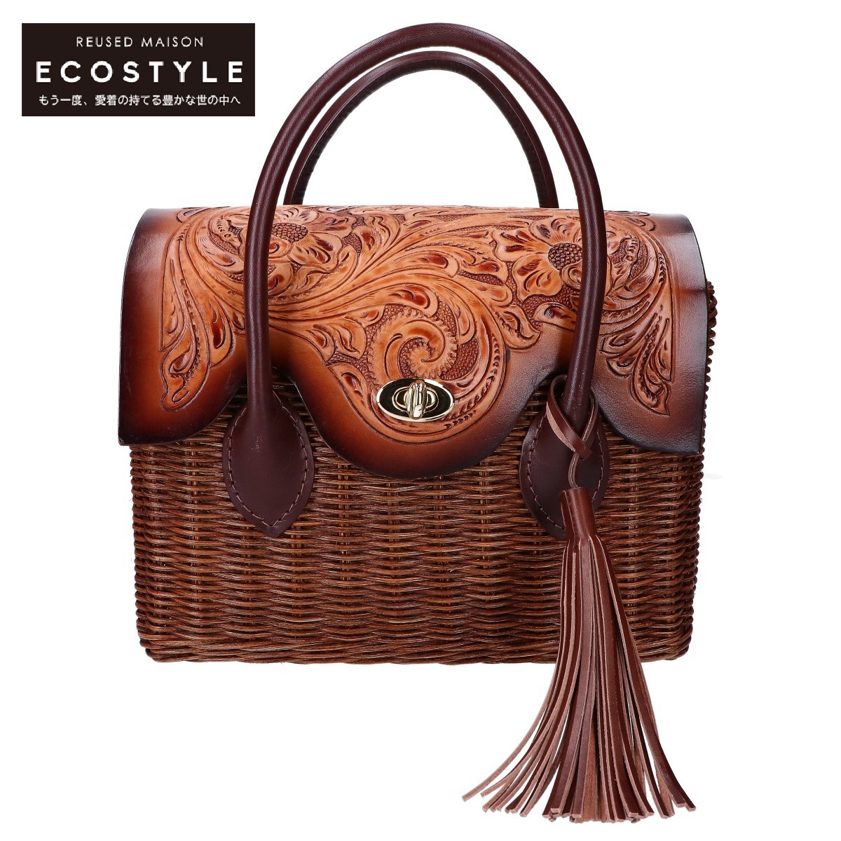 美品 CARVING TRIBES カービングトライブス 0420182603 MS Rattan Bag ラタン/レザー ハンドバッグ ブラウン レディース