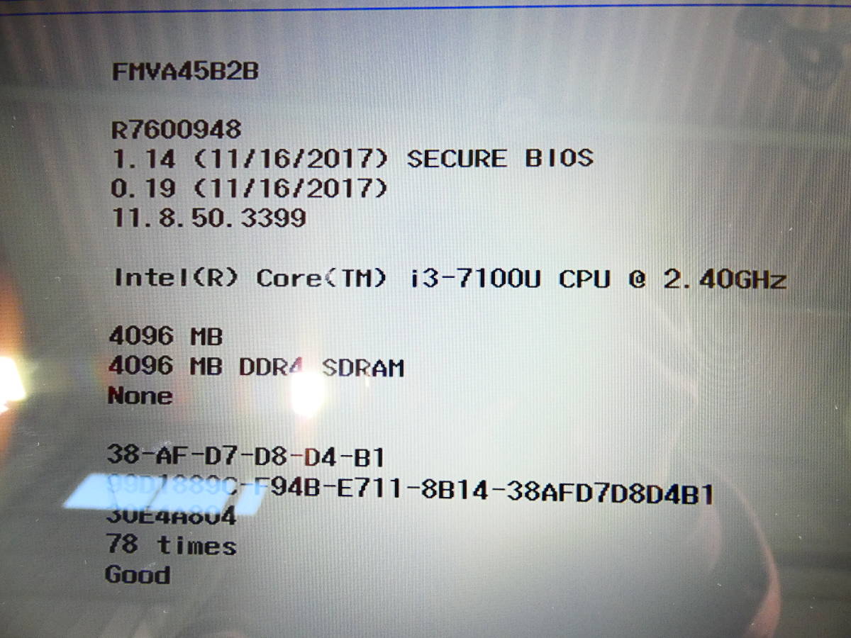 S) FUJITSU FMVA45B2B LIFEBOOK AH45/B2 ノートパソコン Core i3-7100U 2.40GHz/4GB/1TB/Windows 10 ※本体のみ @80 (12)_画像3
