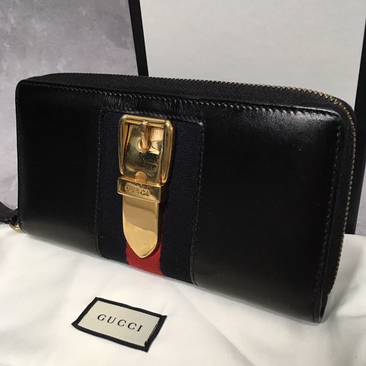 1円〜 【美品】 GUCCI グッチ476083 シルヴィ シェリーライン レザー 長財布 ラウンドファスナー 小銭入れ 札入れ カードケース 黒 メンズ_画像1