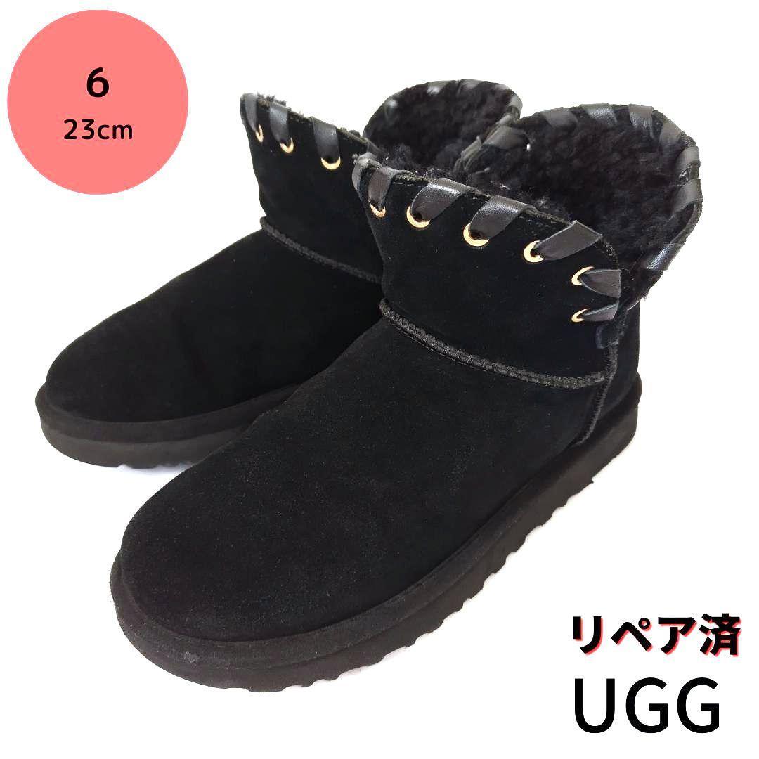 美品！UGGアグショートブーツ23㎝、黒、ボアで暖かい - 靴