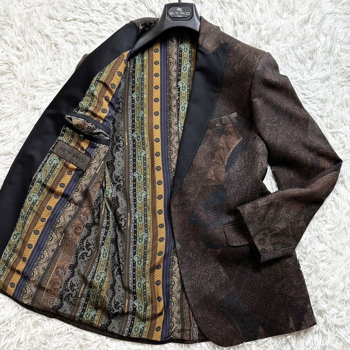 【奇跡の使用1回】希少2XL エトロ ETRO テーラードジャケット ウール シルク ペイズリー柄 花柄 ブラウン 切替 ハンガー付き 52 2XL相当_画像1