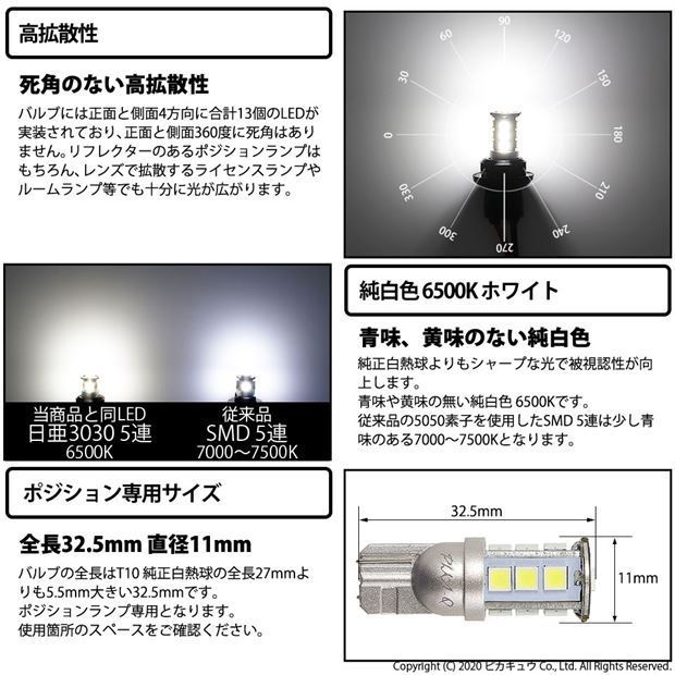 ニッサン NV350 キャラバン (E26系 後期) 対応 LED ポジションランプ T10 日亜3030 SMD13連 250lm ホワイト 2個 6500K 11-H-7_画像3