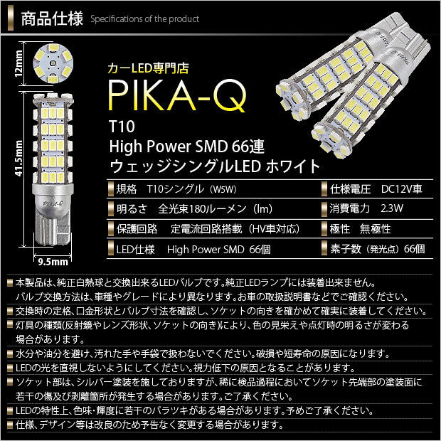 スズキ ソリオ (MA26S/36S/46S) 対応 LED ポジションランプ T10 66連 180lm ホワイト 2個 車幅灯 3-A-8_画像3