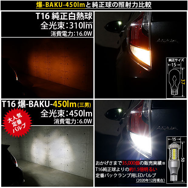 トヨタ アクア GRスポーツ (10系 後期) 対応 LED バックランプ T16 爆-BAKU-450lm ホワイト 6600K 2個 後退灯 5-A-2_画像4