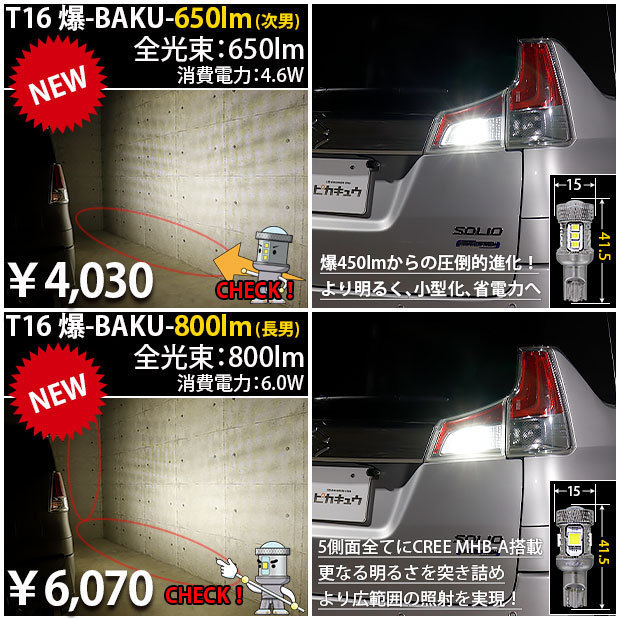 スズキ ソリオ (MA26S/36S/46S) 対応 LED バックランプ T16 爆-BAKU-650lm ホワイト 6600K 2個 後退灯 7-B-4_画像6