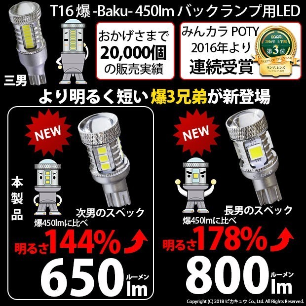 ホンダ シビックタイプR (FK8) 対応 LED バックランプ T16 爆-BAKU-650lm ホワイト 6600K 2個 後退灯 7-B-4_画像4