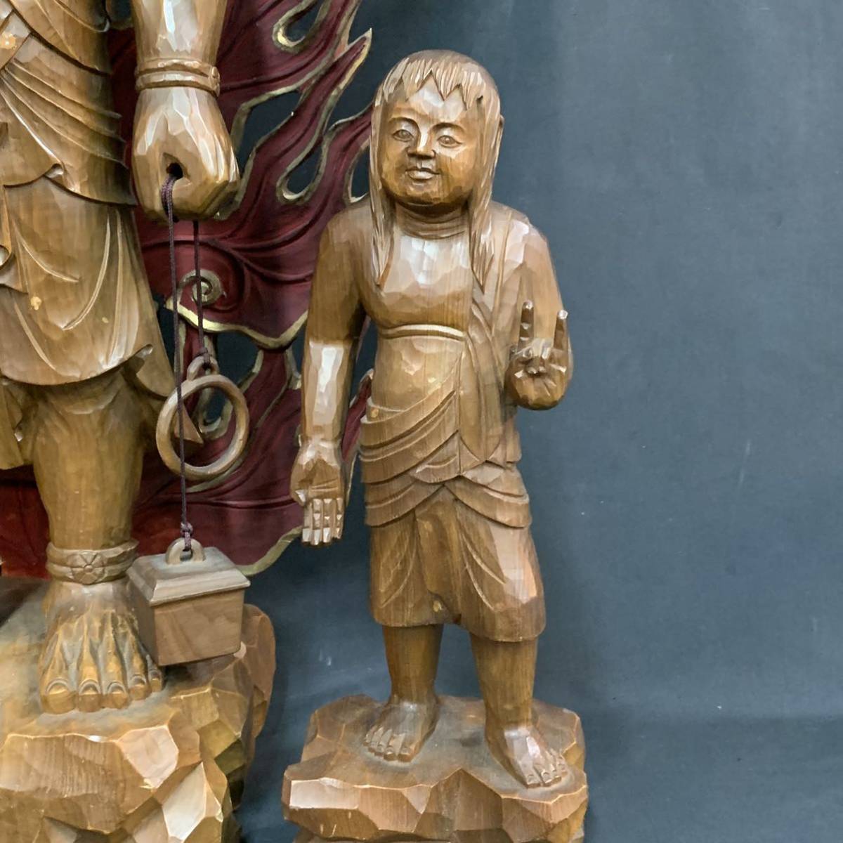 時代　木彫　不動明王　二童子　仏像　仏教美術　高さ106㎝　（L04I1209R05110912）_画像7