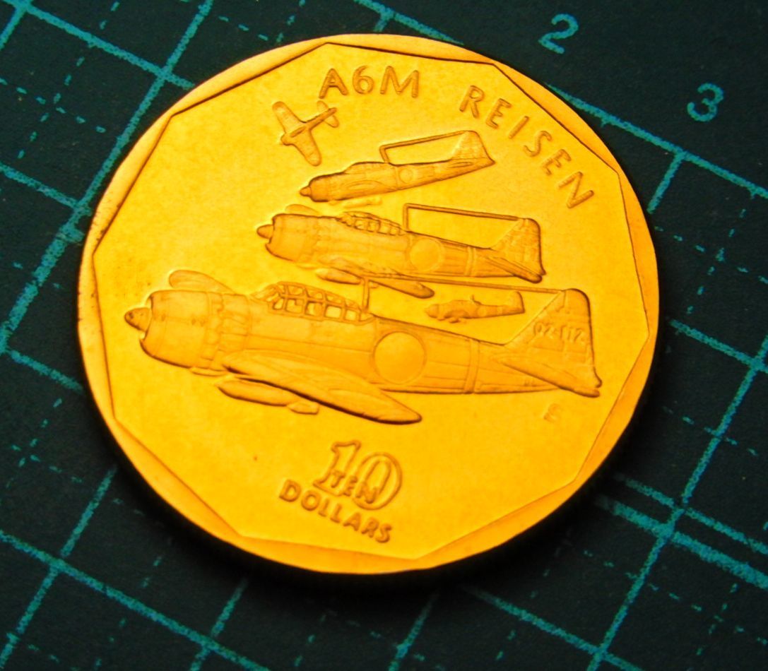 未使用 美品 偉大な航空機 飛行機 三菱重工業 日本海軍 A6M 零戦 零式艦上戦闘機 金鍍金ブラス製 記念硬貨 貨幣 US 10ドル コイン メダル_画像2