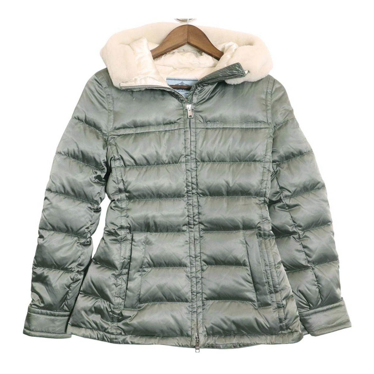  Prada fur hood down jacket 29P794 lady's green PRADA used [ apparel * small articles ]