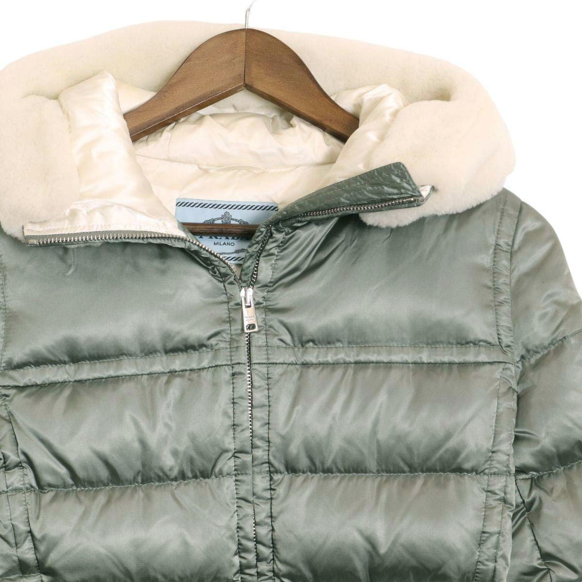  Prada fur hood down jacket 29P794 lady's green PRADA used [ apparel * small articles ]