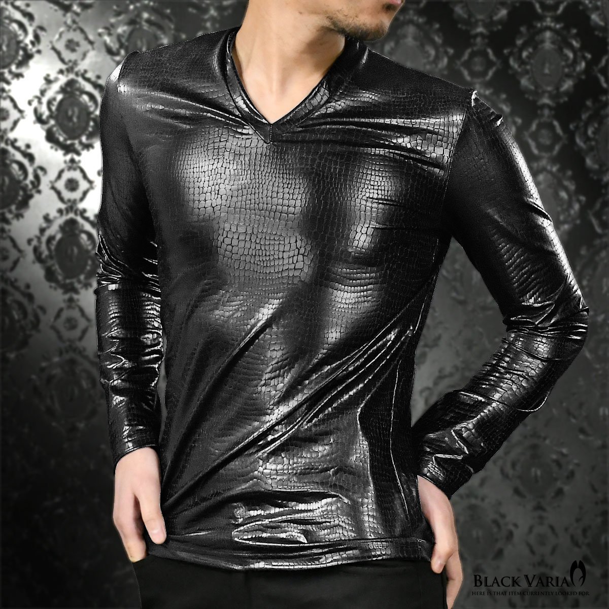 183711-bk BlackVaria ロンT クロコダイル Vネック 光沢 メタリック 長袖Tシャツ mens メンズ(ブラック黒) L ステージ衣装_画像2