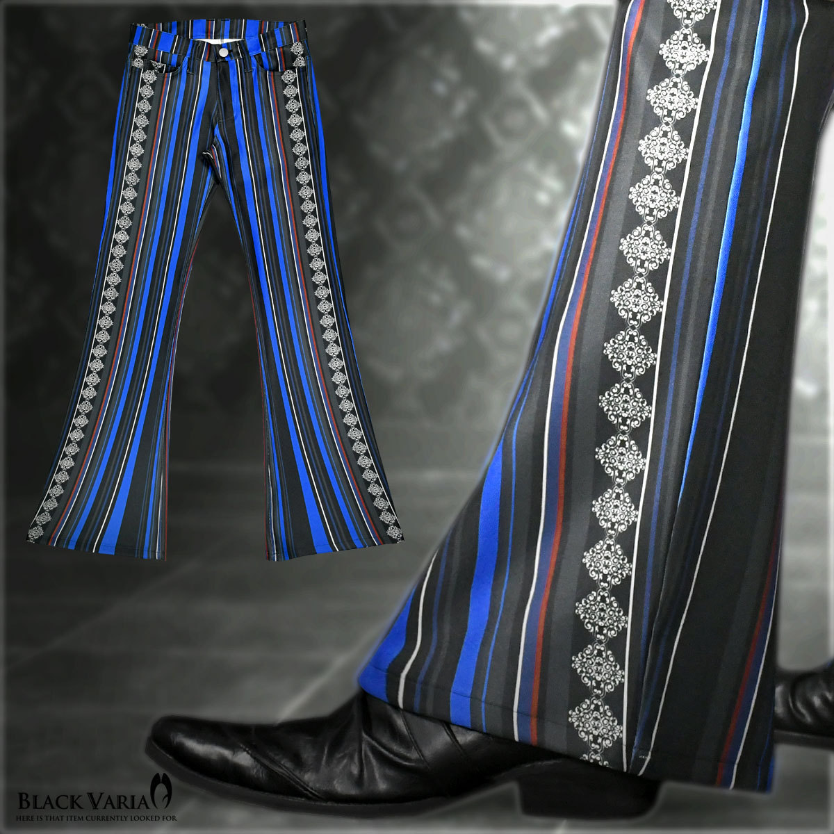 180091-bl BLACK VARIA アラベスク×ストライプ柄 ベルボトム ドレスパンツ メンズ(ブラック黒ブルー青) 30 薄手 股上浅め 衣装 タイト