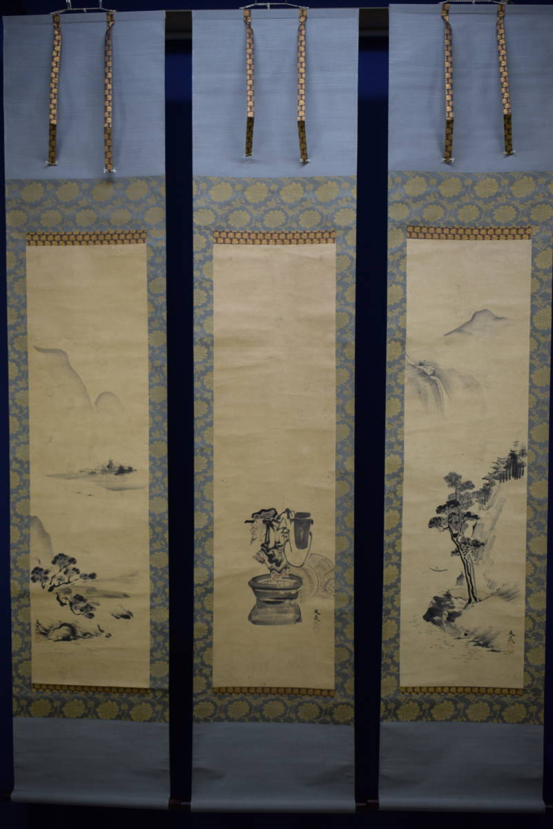 ぶんちょう ヤフオク! - /谷文晁/寿老人山水図/絹表装/三幅/布袋... リトグラフ