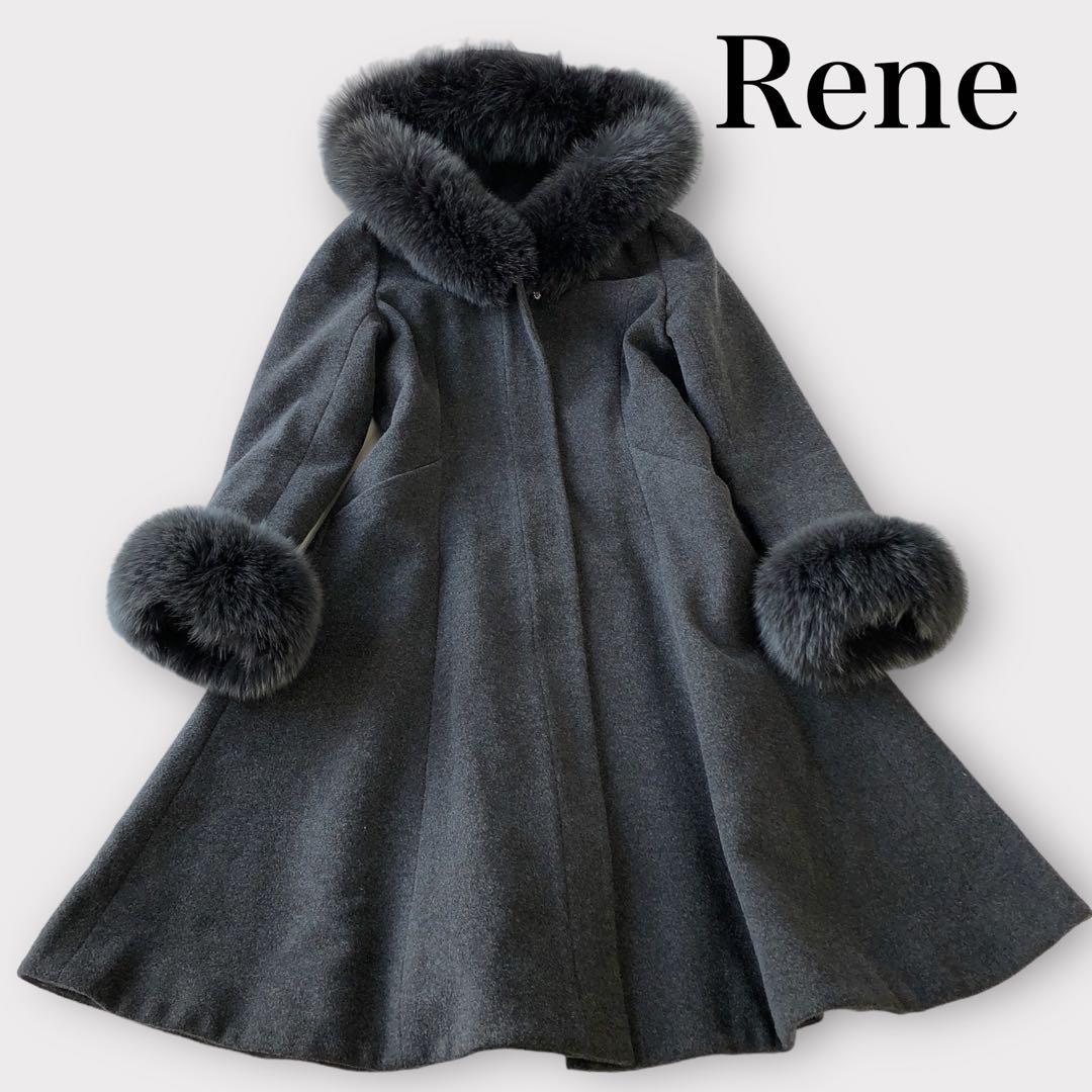 * Rene Rene * long coat Anne gola material FOX fox fur flair grey gray hood lining attaching mo Como ko feel of long height S~M