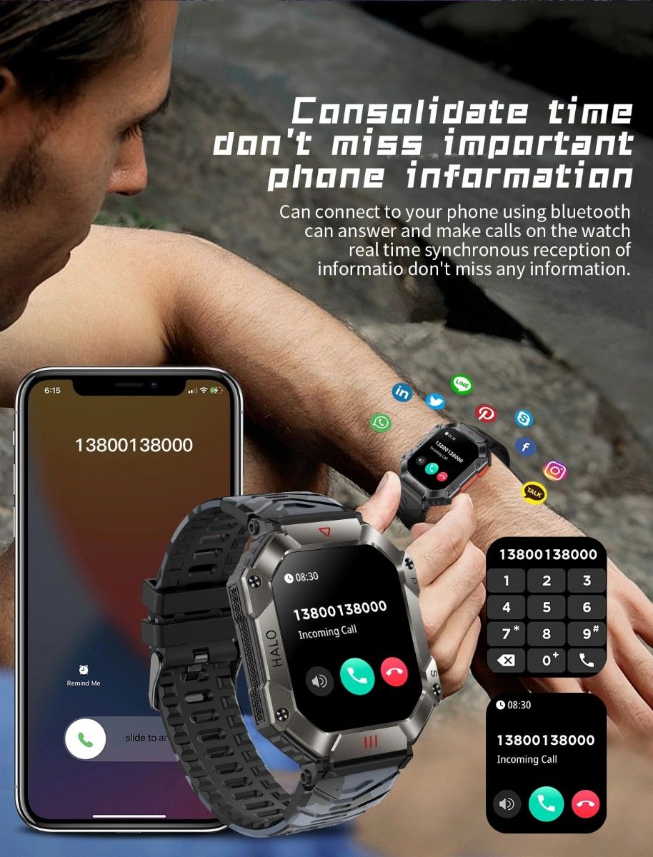 スマートウォッチ 新品未使用 2.0インチ 軍用規格 日本語対応 通話機能付き メンズ 腕時計 歩数計/心拍計/血圧計 ブラック