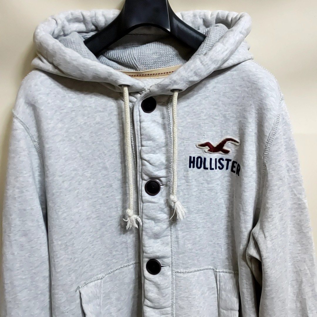 P1 HOLLISTER ホリスター 灰色 XL ボタン スウェット パーカー フーディー アメカジ サーフ SURF アバクロ アメリカ 古着 メンズ_画像3