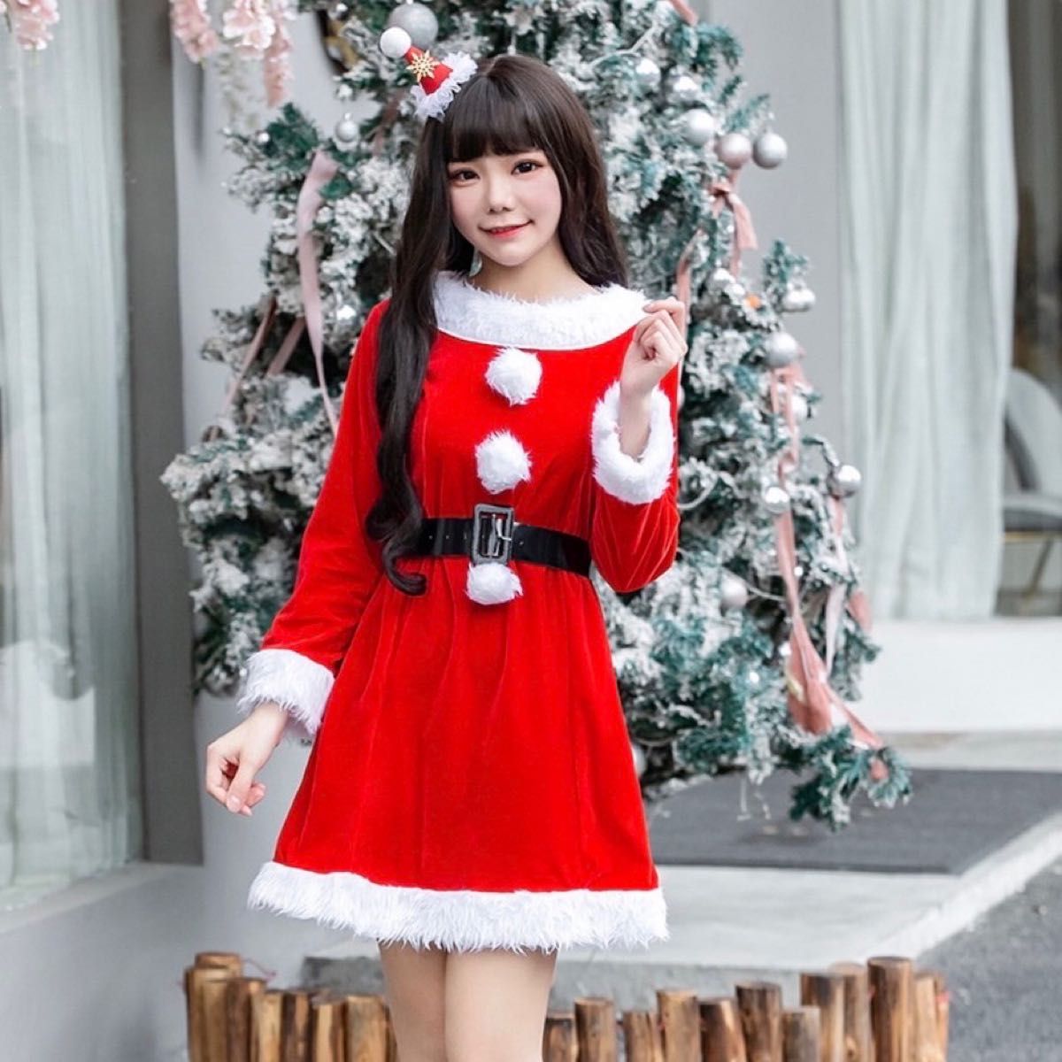 Aラインミニ ワンピース 可愛い 最安値 人気 長袖 サンタコスプレ 体型カバー クリスマス アイドル衣装