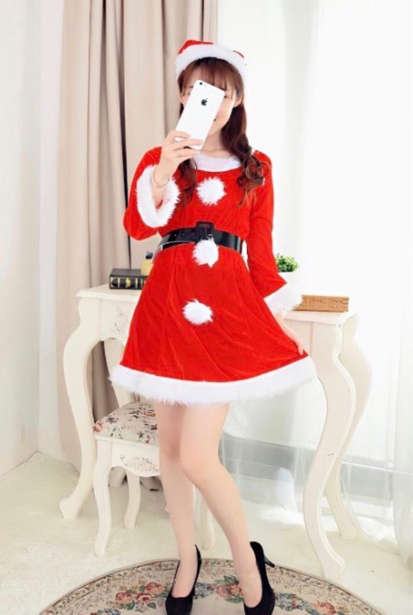 クリスマス サンタコスプレ Aライン ミニ ワンピース 赤 可愛い 最安値 人気 アイドル 衣装 長袖 体型カバー 美品 新品