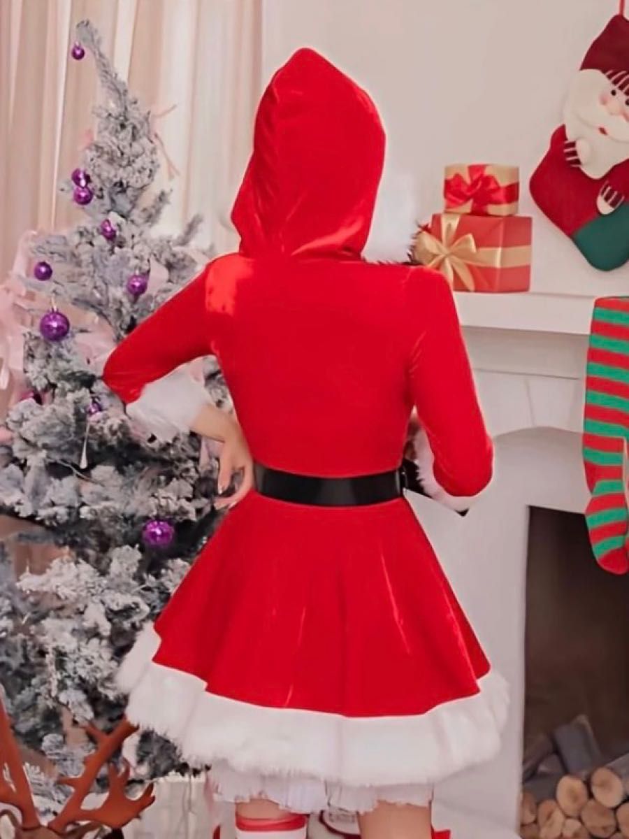 フード付き ボリュームワンピース 赤 可愛い サンタコスプレ 衣装 体型カバー クリスマス アイドル 衣装 制服 コスプレ