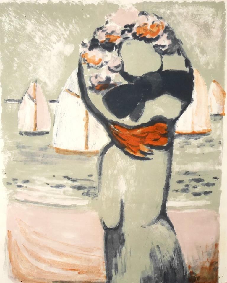 カシニョール『海を眺める女性』1965年作◆リトグラフ◆直筆サイン有◆大型！フランス人気巨匠！サロンドートンヌ！額装