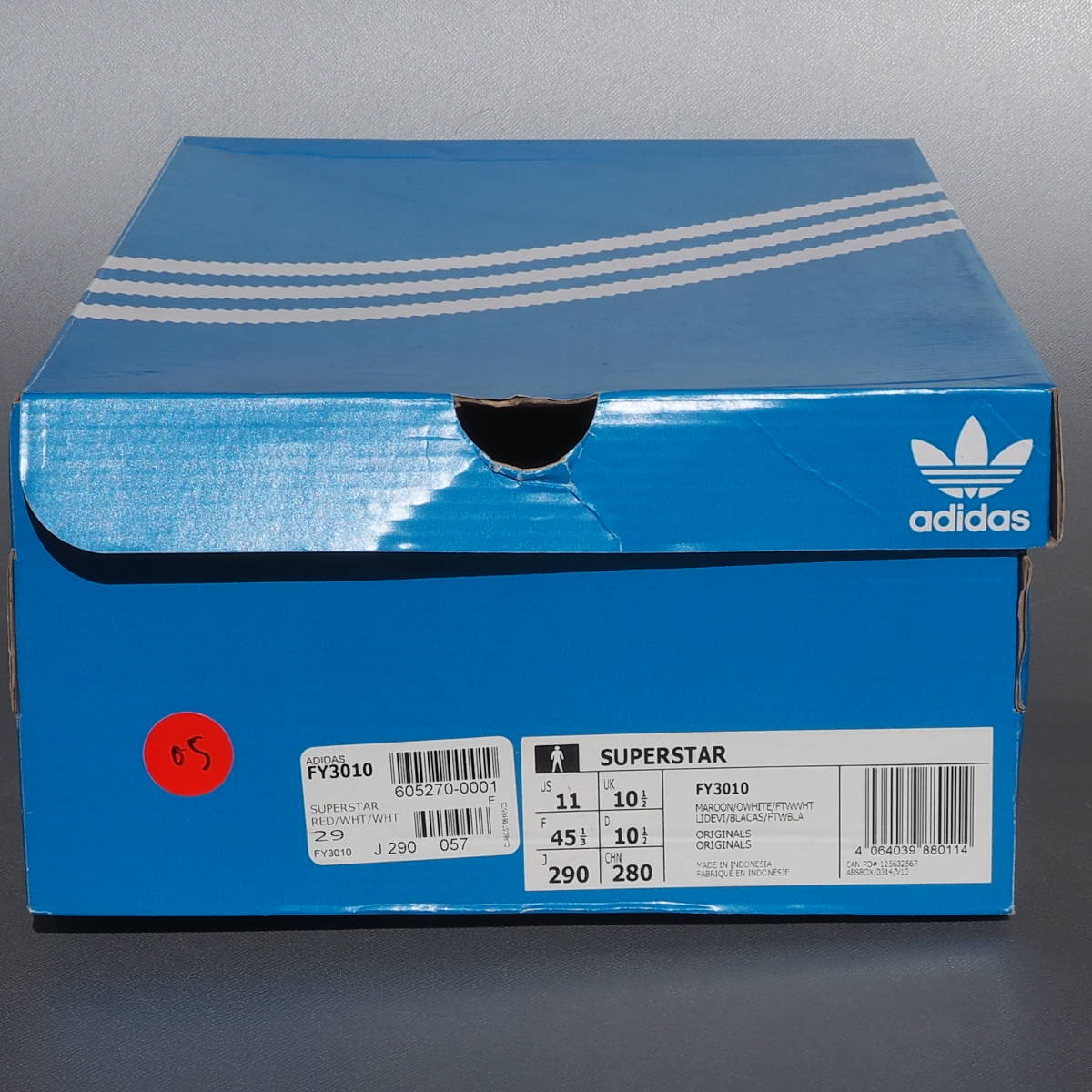 デッド!! US11 / 29cm 新品 20年製 限定 adidas SUPERSTAR スーパースター ワインレッド FY3010 金ベロ 天然皮革_画像10