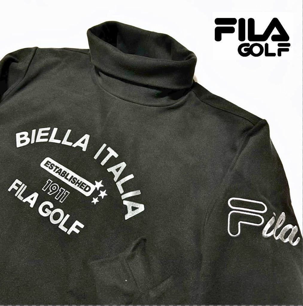 ◆425新品【メンズM】黒 FILA GOLF フィラ ゴルフ フロントロゴ 起毛スムース 保温 長袖タートルネックシャツ 防寒 一枚で着用可_画像1