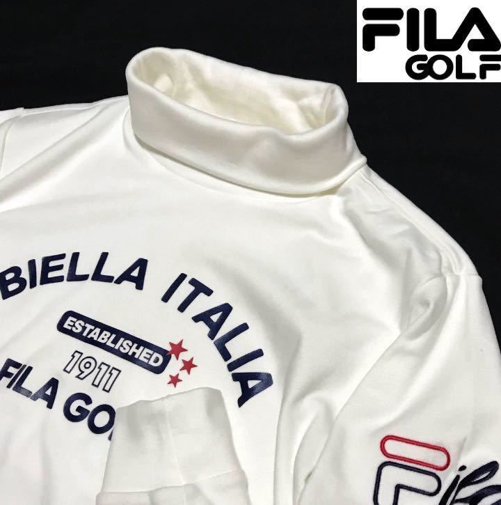 ◆384新品【メンズM】白 FILA GOLF フィラ ゴルフ フロントロゴ 起毛スムース 保温 長袖タートルネックシャツ 防寒 一枚で着用可 秋冬_画像1