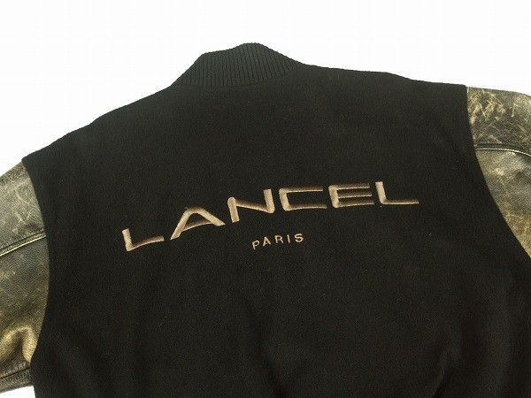  rare *LANCEL Lancel * black × gray series * sleeve cow leather part using * back Logo embroidery * men's * Vintage stadium jumper *9R*M corresponding * autumn winter 